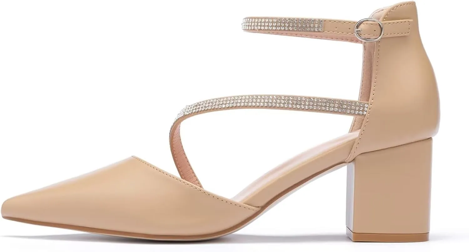 Frank Mully Women's Heel Pumps Close Toe Heels Low Block Chunky Pumps Shoes with Ankle Straps Wedding Party Dress Shoes Rhinestone