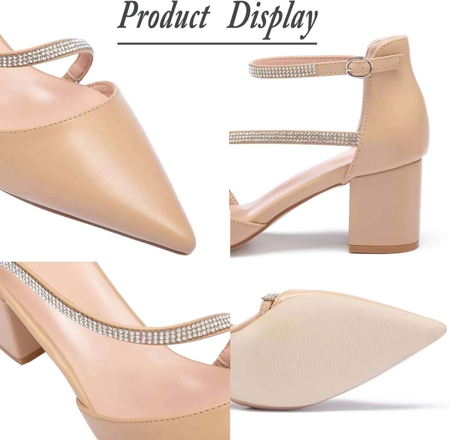 Frank Mully Women's Heel Pumps Close Toe Heels Low Block Chunky Pumps Shoes with Ankle Straps Wedding Party Dress Shoes Rhinestone