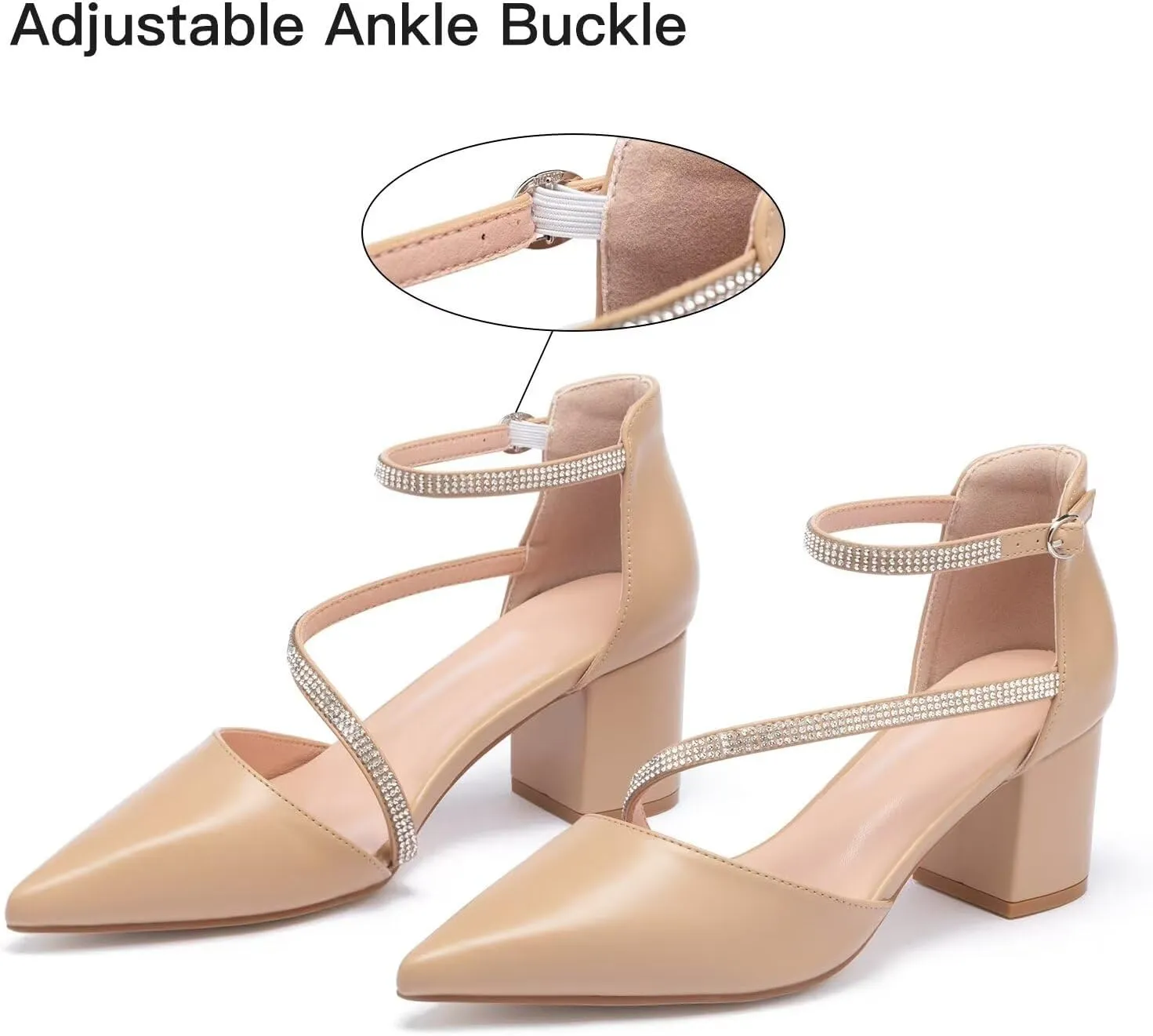 Frank Mully Women's Heel Pumps Close Toe Heels Low Block Chunky Pumps Shoes with Ankle Straps Wedding Party Dress Shoes Rhinestone