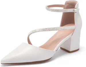 Frank Mully Women's Heel Pumps Close Toe Heels Low Block Chunky Pumps Shoes with Ankle Straps Wedding Party Dress Shoes Rhinestone