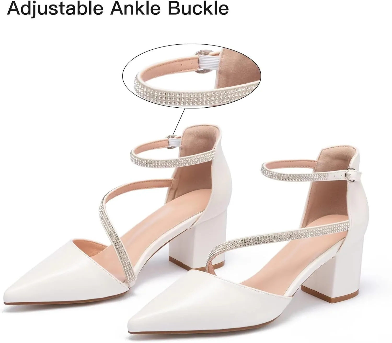 Frank Mully Women's Heel Pumps Close Toe Heels Low Block Chunky Pumps Shoes with Ankle Straps Wedding Party Dress Shoes Rhinestone