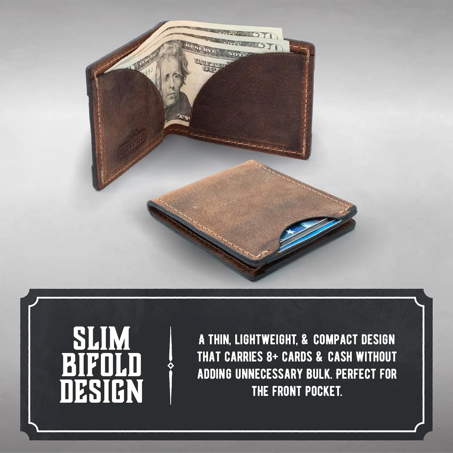 Front Pocket Slim Bifold Wallet for Men | Made in USA | Premium Full Grain Leather Men’s Wallet with Minimalist Design | Charred Oak