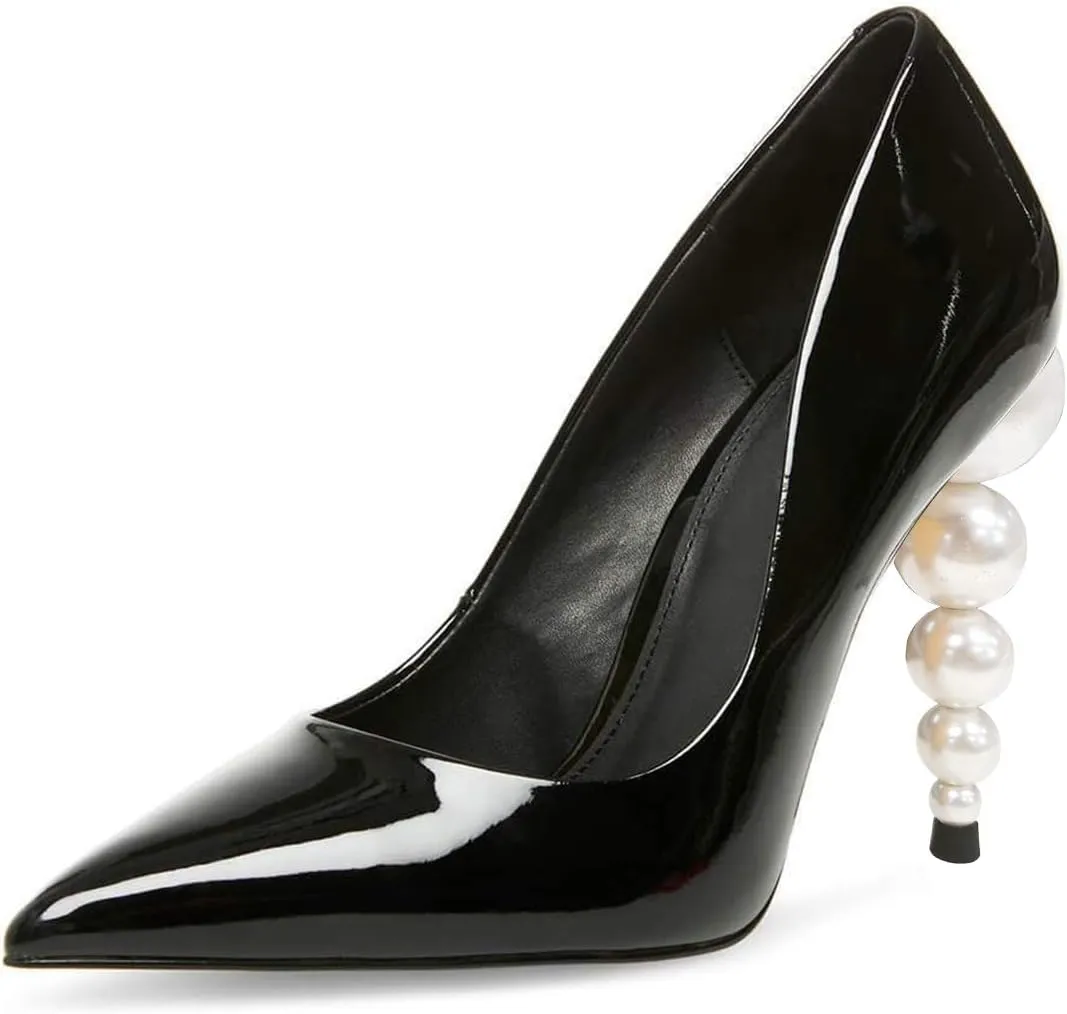 FSJ Slip On Pearl Beaded High Heel Slip On Pump Pointed Toe Mirror Effect Classic Party Club Shoe for Women 4-15 US