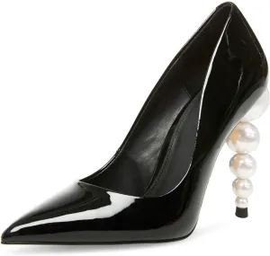 FSJ Slip On Pearl Beaded High Heel Slip On Pump Pointed Toe Mirror Effect Classic Party Club Shoe for Women 4-15 US
