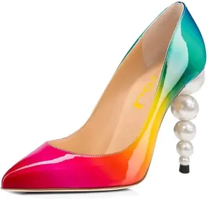 FSJ Slip On Pearl Beaded High Heel Slip On Pump Pointed Toe Mirror Effect Classic Party Club Shoe for Women 4-15 US