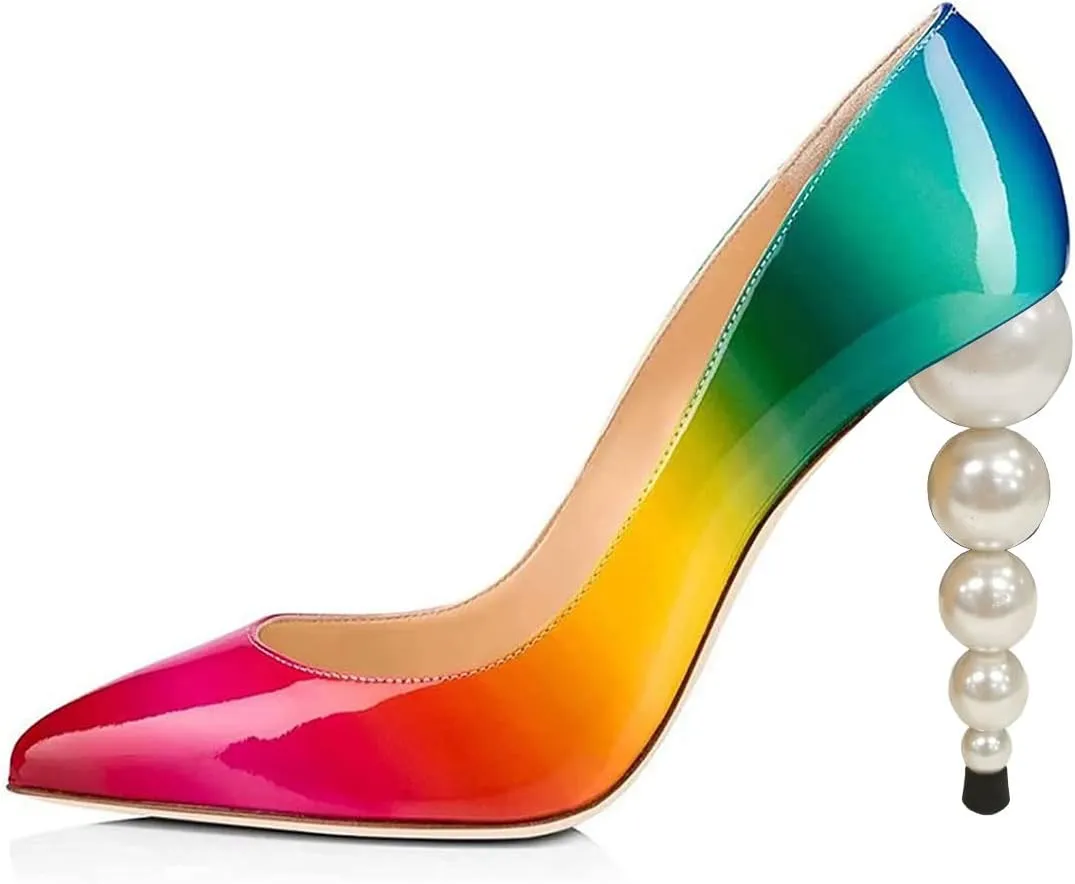 FSJ Slip On Pearl Beaded High Heel Slip On Pump Pointed Toe Mirror Effect Classic Party Club Shoe for Women 4-15 US