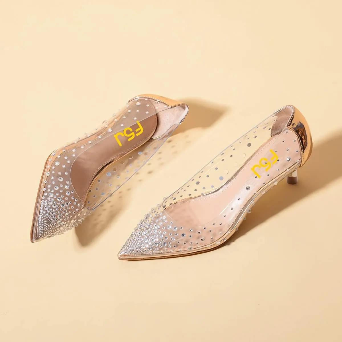 FSJ Women's Rhinestones Clear Low Kitten Heel Pumps Transparent Studded Pearls Pointed Toe Slip On Wedding Dress Evening Shoes Size 4-15 US
