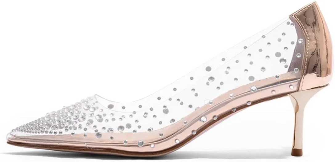 FSJ Women's Rhinestones Clear Low Kitten Heel Pumps Transparent Studded Pearls Pointed Toe Slip On Wedding Dress Evening Shoes Size 4-15 US