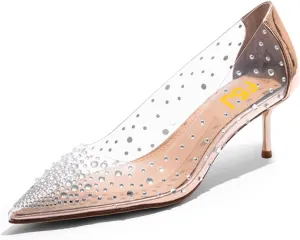 FSJ Women's Rhinestones Clear Low Kitten Heel Pumps Transparent Studded Pearls Pointed Toe Slip On Wedding Dress Evening Shoes Size 4-15 US
