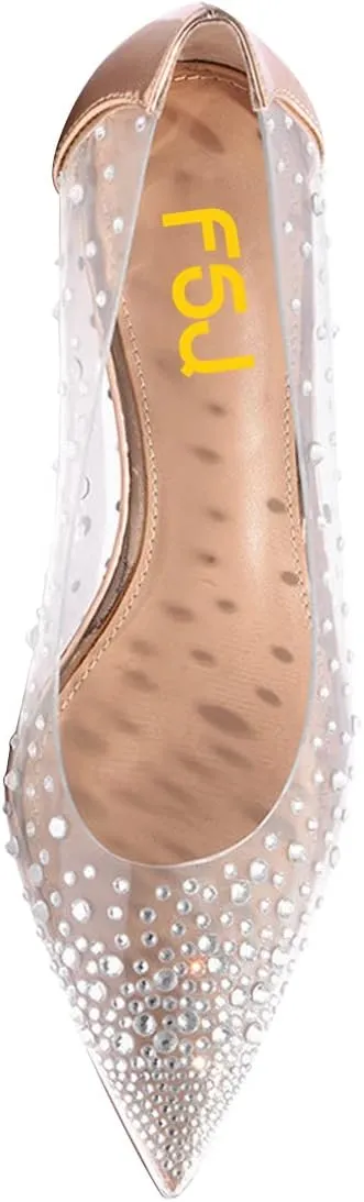 FSJ Women's Rhinestones Clear Low Kitten Heel Pumps Transparent Studded Pearls Pointed Toe Slip On Wedding Dress Evening Shoes Size 4-15 US