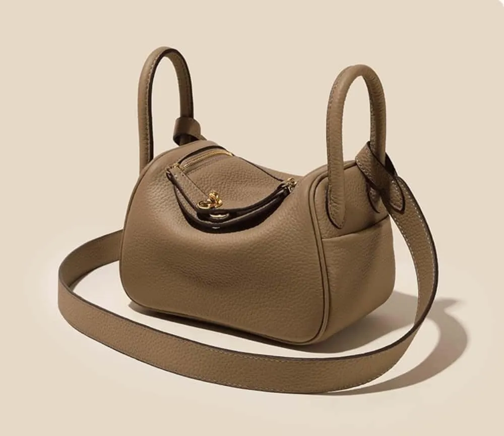 Genuine Leather Crossbody Tote Bag, Lychee Grain Mini Shoulder Bag,10.2IN Square Handbag for Business Casual
