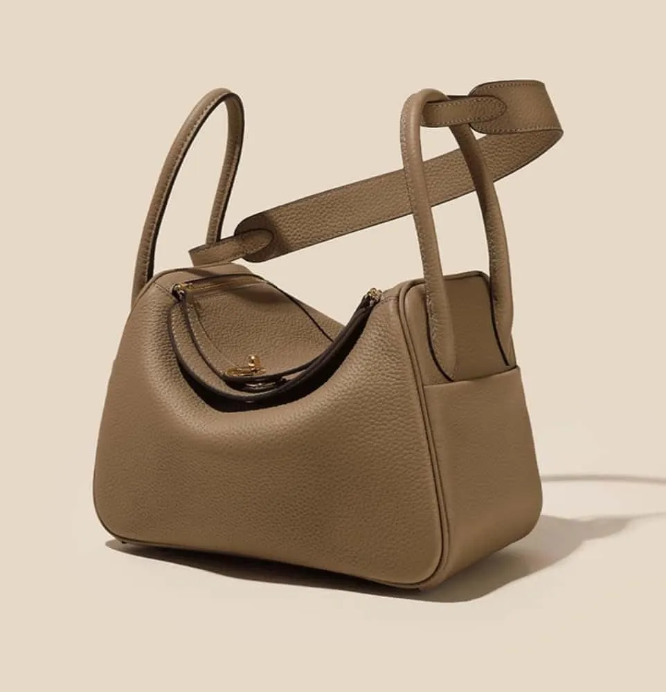 Genuine Leather Crossbody Tote Bag, Lychee Grain Mini Shoulder Bag,10.2IN Square Handbag for Business Casual