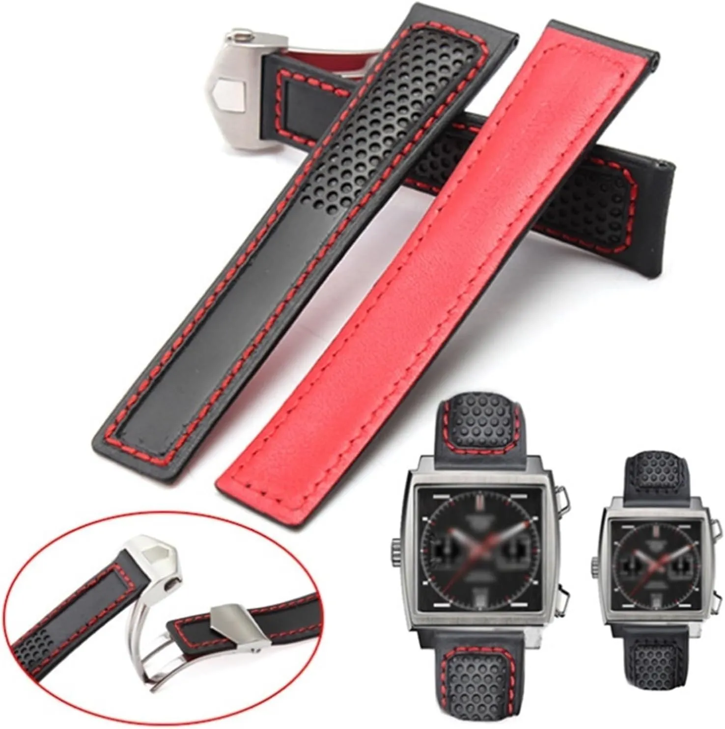 Genuine Leather Strap 22m for tag heuer F1 watchband Red stitches wristwatches band fold buckle leather watch bracelet