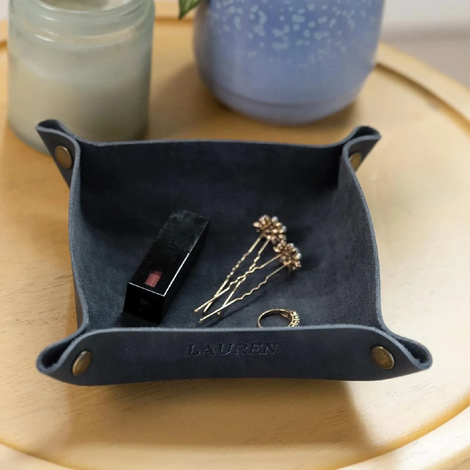 Genuine Leather Valet Tray | Desk Organizer | Catchall | Full Grain Leather Tray | Dimensions 6 x 6 x 1.75” Made in The USA
