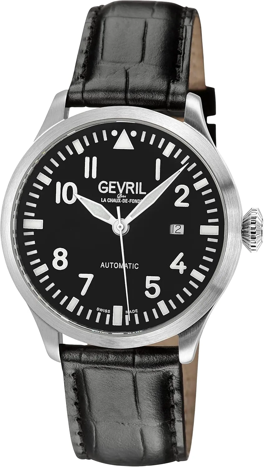 Gevril 43502-05 Men's Vaughan Swiss Automatic Watch, Genuine Italian Black Leather Strap