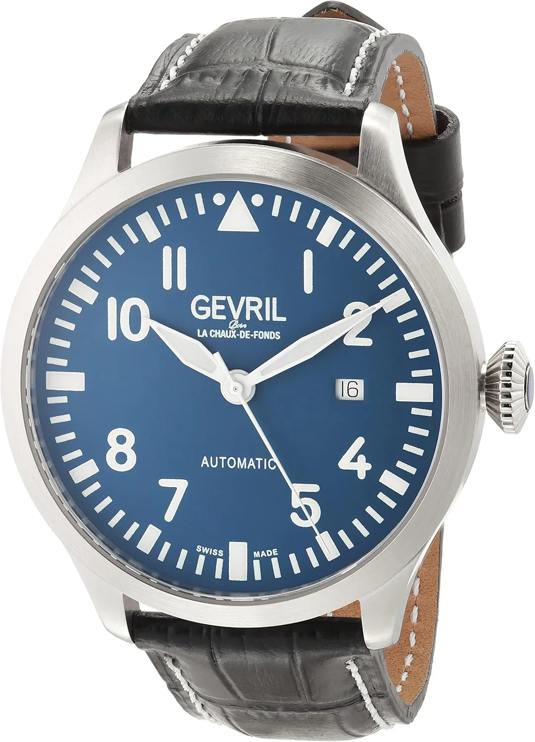 Gevril 43503-01 Men's Vaughan Swiss Automatic Watch, Genuine Italian Black/White Stitching Leather Strap