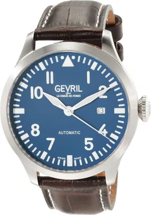 Gevril 43503-03 Men's Vaughan Swiss Automatic Watch, Genuine Italian Dark Brown/White Stitching Leather Strap