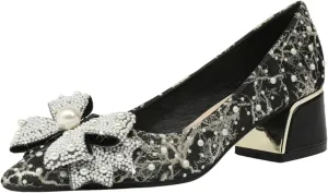 Gladtbser Women's Rhinestone Bow Satin Pumps Fashion Pearl Pointed Toe Chunky Heel Shoes Slip On Wedding Dress Shoes for Party Office Wedding Evening