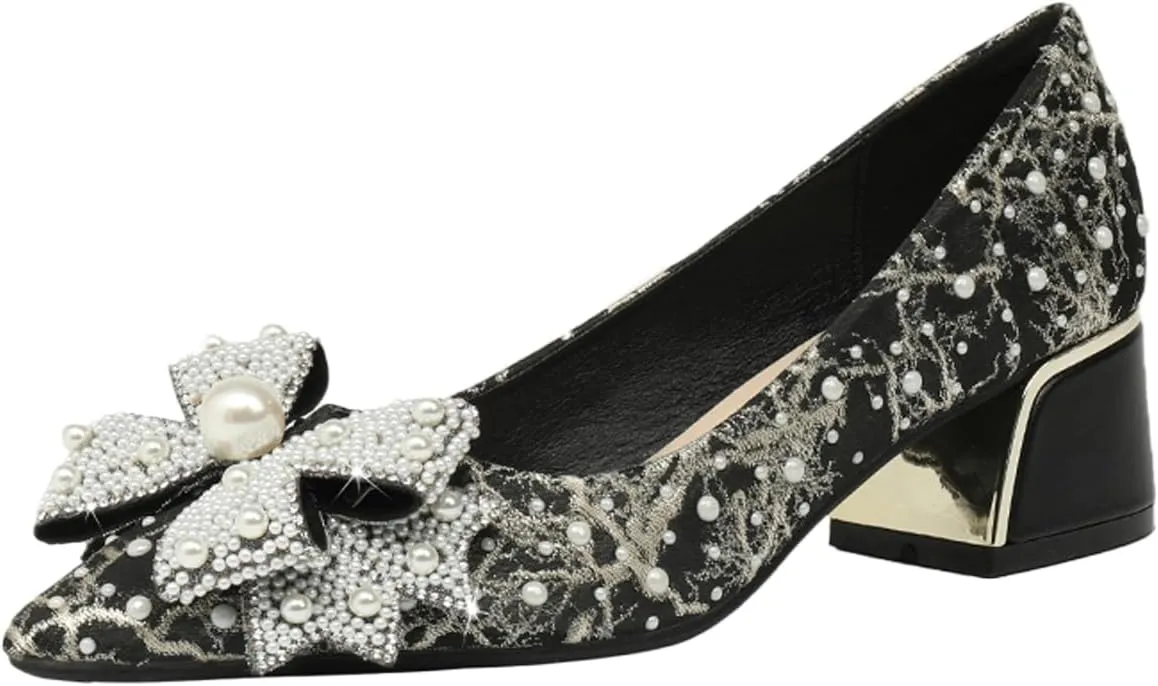 Gladtbser Women's Rhinestone Bow Satin Pumps Fashion Pearl Pointed Toe Chunky Heel Shoes Slip On Wedding Dress Shoes for Party Office Wedding Evening
