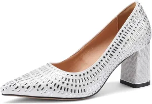 Glitter Rhinestone Crystal High Heels for Women Block Chunky Pointed Toe Pumps Closed Toe Dressy Comfortable Sexy Wedding Slip On Formal Prom Sparkly 3 Inch Shoes