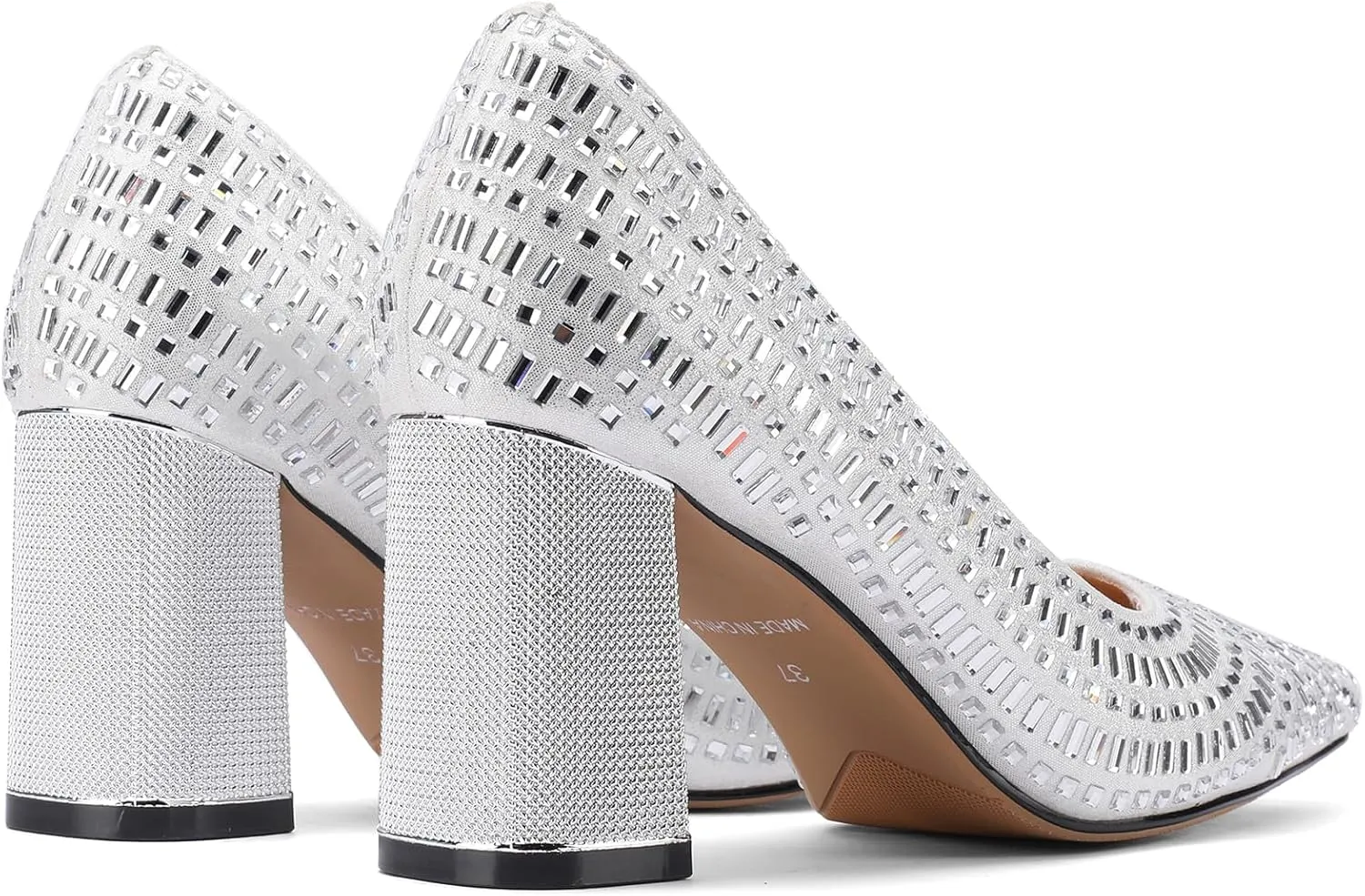 Glitter Rhinestone Crystal High Heels for Women Block Chunky Pointed Toe Pumps Closed Toe Dressy Comfortable Sexy Wedding Slip On Formal Prom Sparkly 3 Inch Shoes