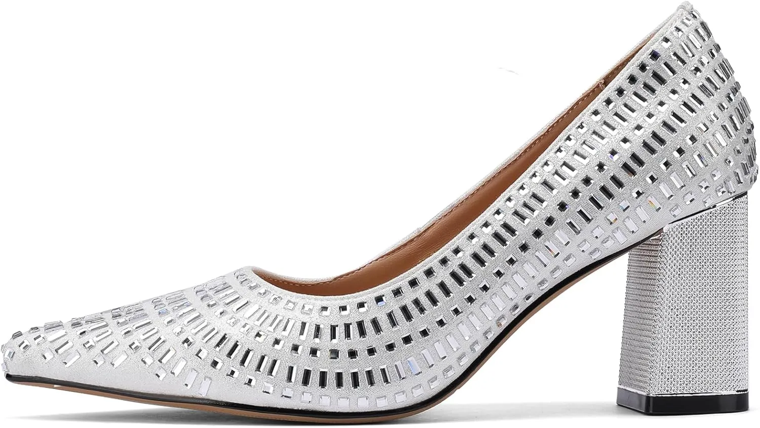 Glitter Rhinestone Crystal High Heels for Women Block Chunky Pointed Toe Pumps Closed Toe Dressy Comfortable Sexy Wedding Slip On Formal Prom Sparkly 3 Inch Shoes