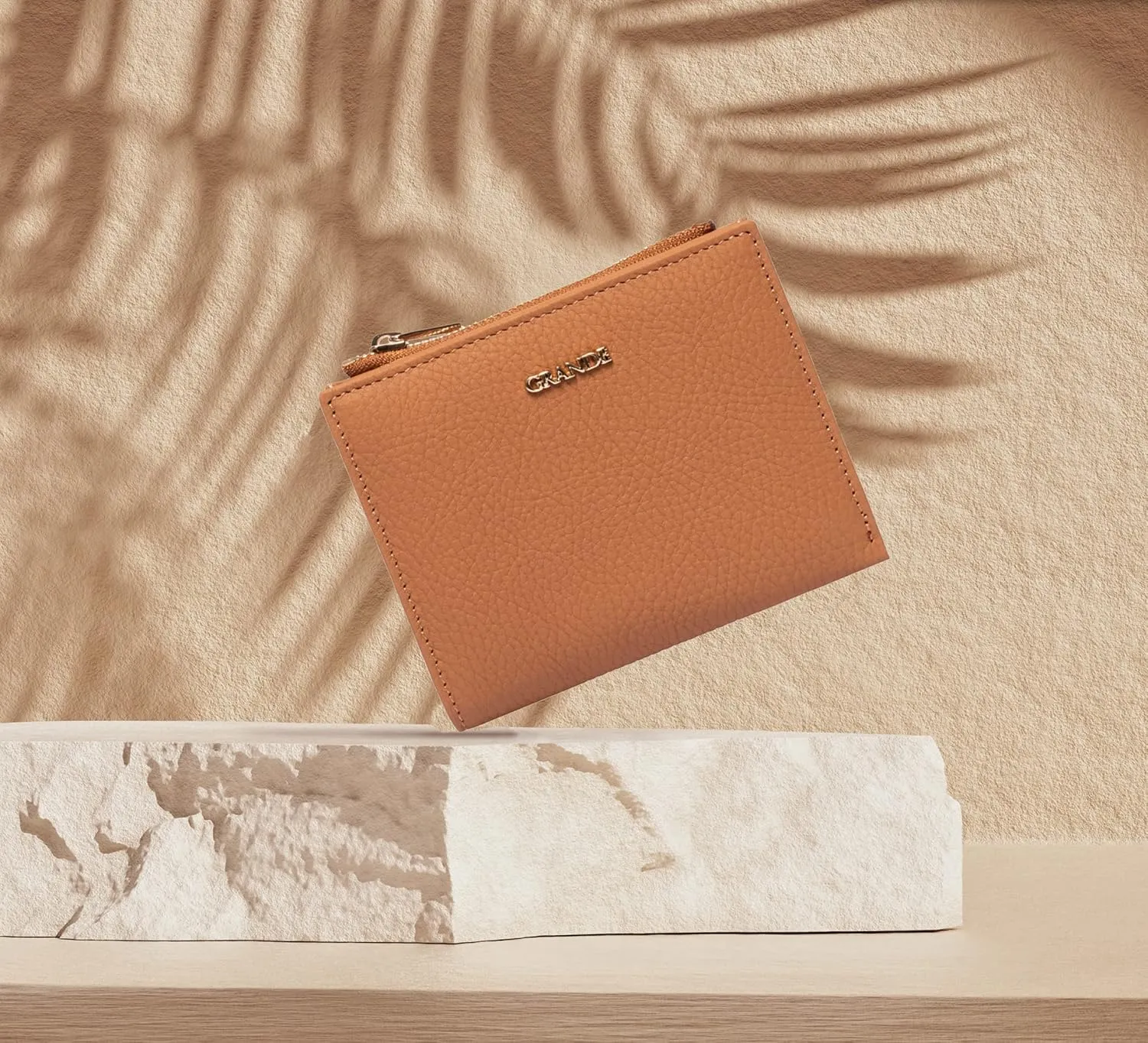 grande 2805 Genuine Leather Small Bifold Wallet For Women Minimalist Wallet Ladies Zippered Mini Purse Small Card Holder (Camel)