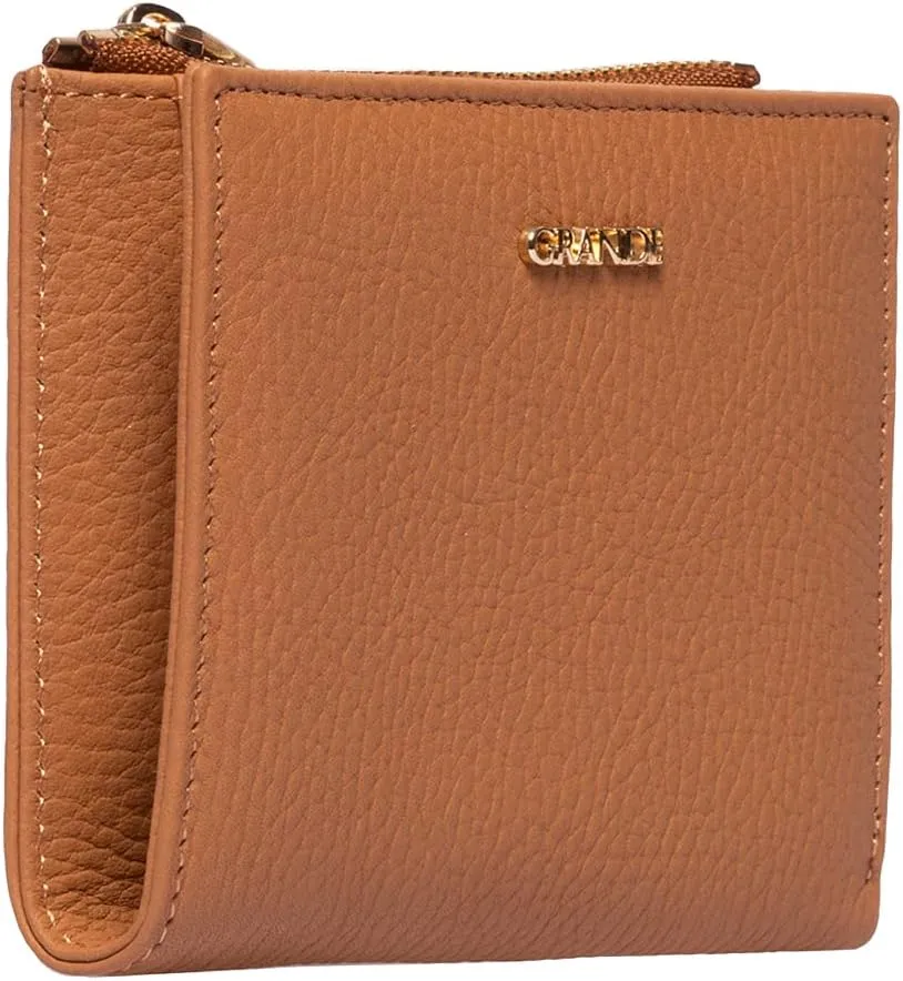 grande 2805 Genuine Leather Small Bifold Wallet For Women Minimalist Wallet Ladies Zippered Mini Purse Small Card Holder (Camel)