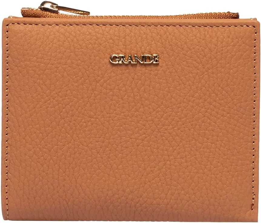 grande 2805 Genuine Leather Small Bifold Wallet For Women Minimalist Wallet Ladies Zippered Mini Purse Small Card Holder (Camel)