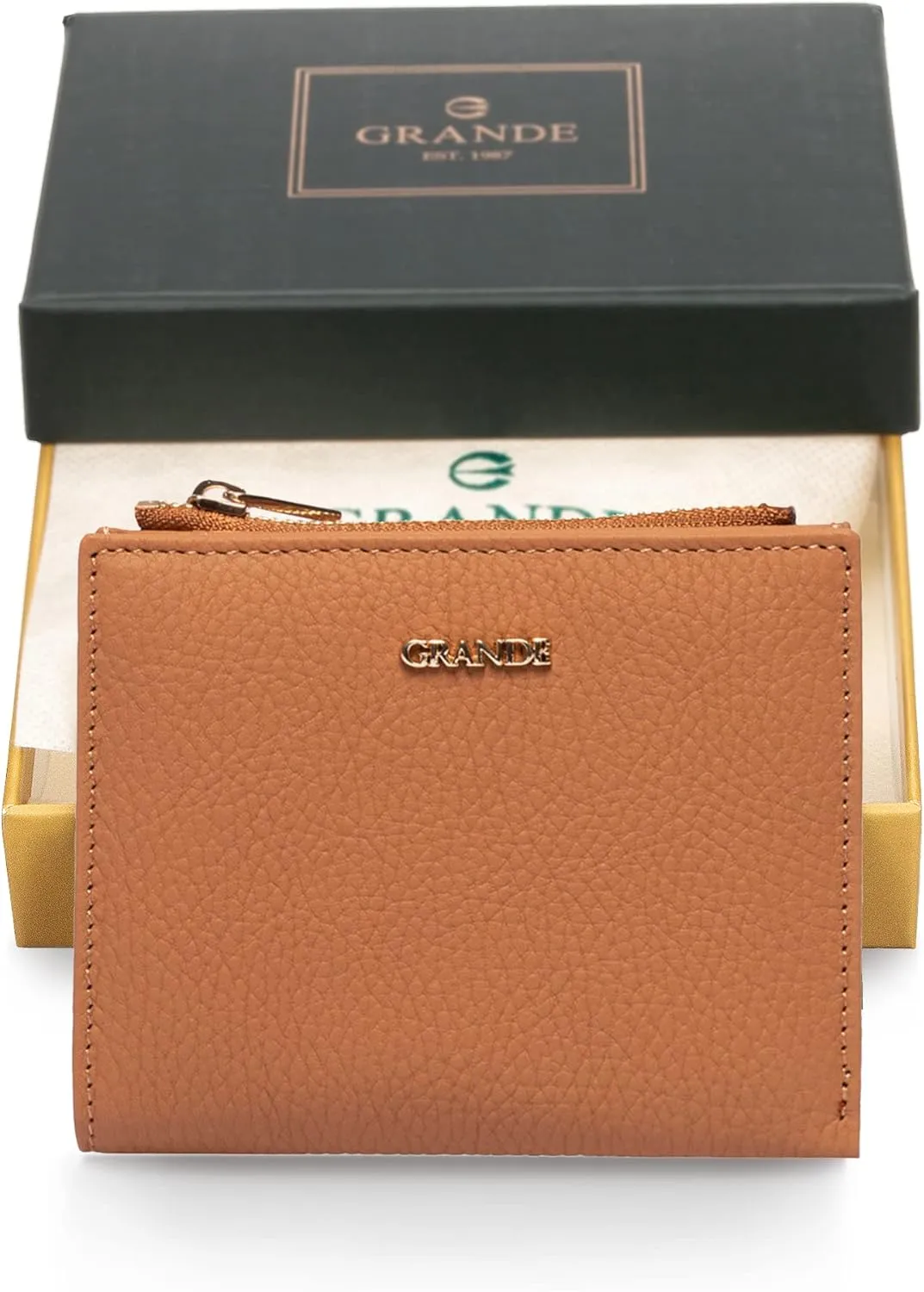 grande 2805 Genuine Leather Small Bifold Wallet For Women Minimalist Wallet Ladies Zippered Mini Purse Small Card Holder (Camel)