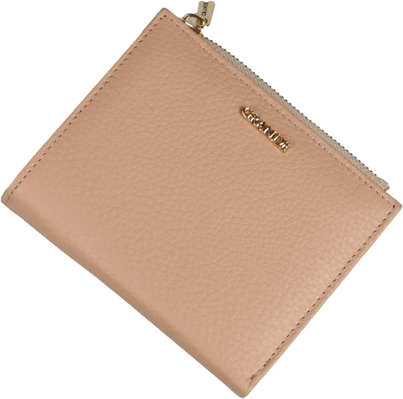 grande 2805 Genuine Leather Small Bifold Wallet For Women Minimalist Wallet Ladies Zippered Mini Purse Small Card Holder (Cookie)