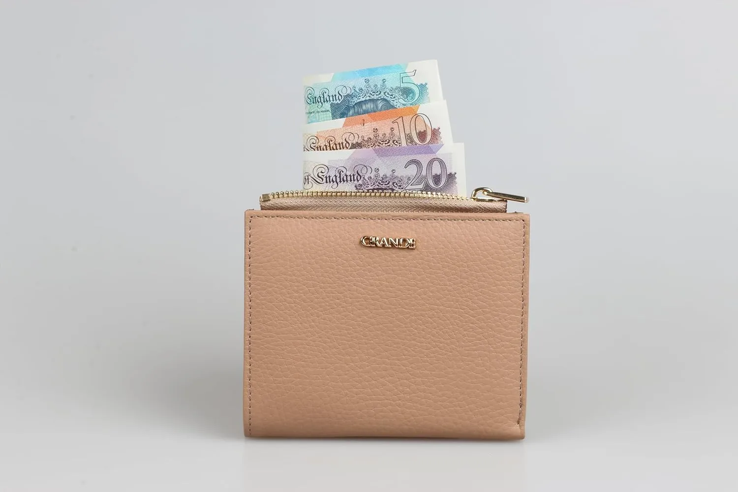 grande 2805 Genuine Leather Small Bifold Wallet For Women Minimalist Wallet Ladies Zippered Mini Purse Small Card Holder (Cookie)