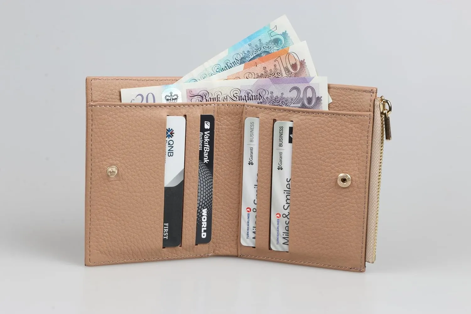 grande 2805 Genuine Leather Small Bifold Wallet For Women Minimalist Wallet Ladies Zippered Mini Purse Small Card Holder (Cookie)