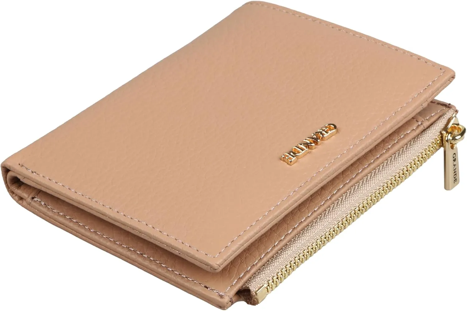 grande 2805 Genuine Leather Small Bifold Wallet For Women Minimalist Wallet Ladies Zippered Mini Purse Small Card Holder (Cookie)