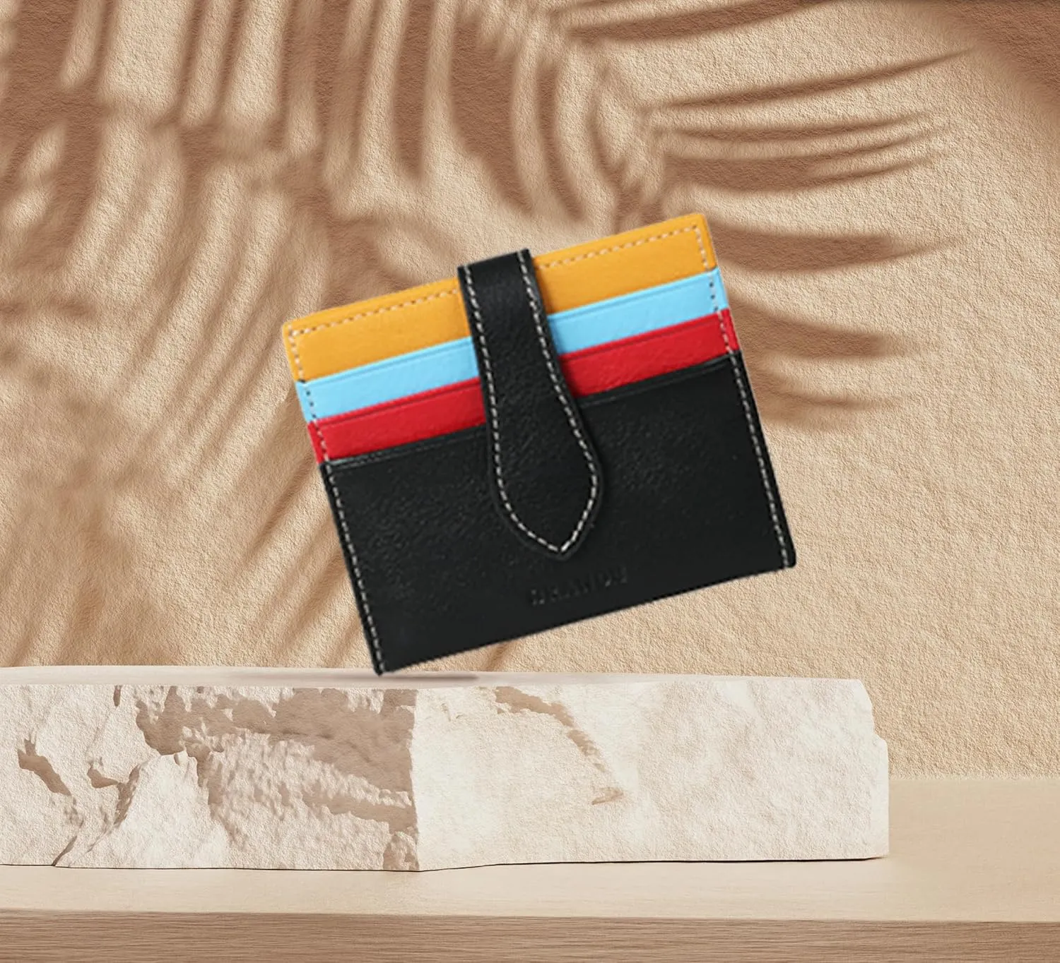 grande 3803 Genuine Leather Card Holder For Women and Men Slim Minimalist Card Case Small Snap Wallet (Black Multicolor)