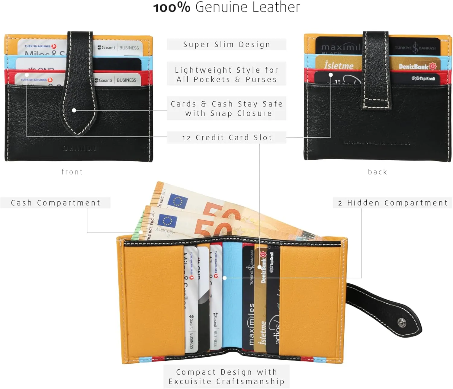 grande 3803 Genuine Leather Card Holder For Women and Men Slim Minimalist Card Case Small Snap Wallet (Black Multicolor)