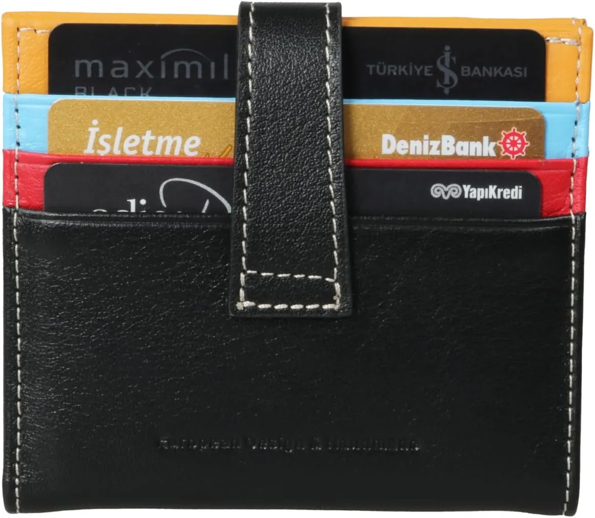 grande 3803 Genuine Leather Card Holder For Women and Men Slim Minimalist Card Case Small Snap Wallet (Black Multicolor)