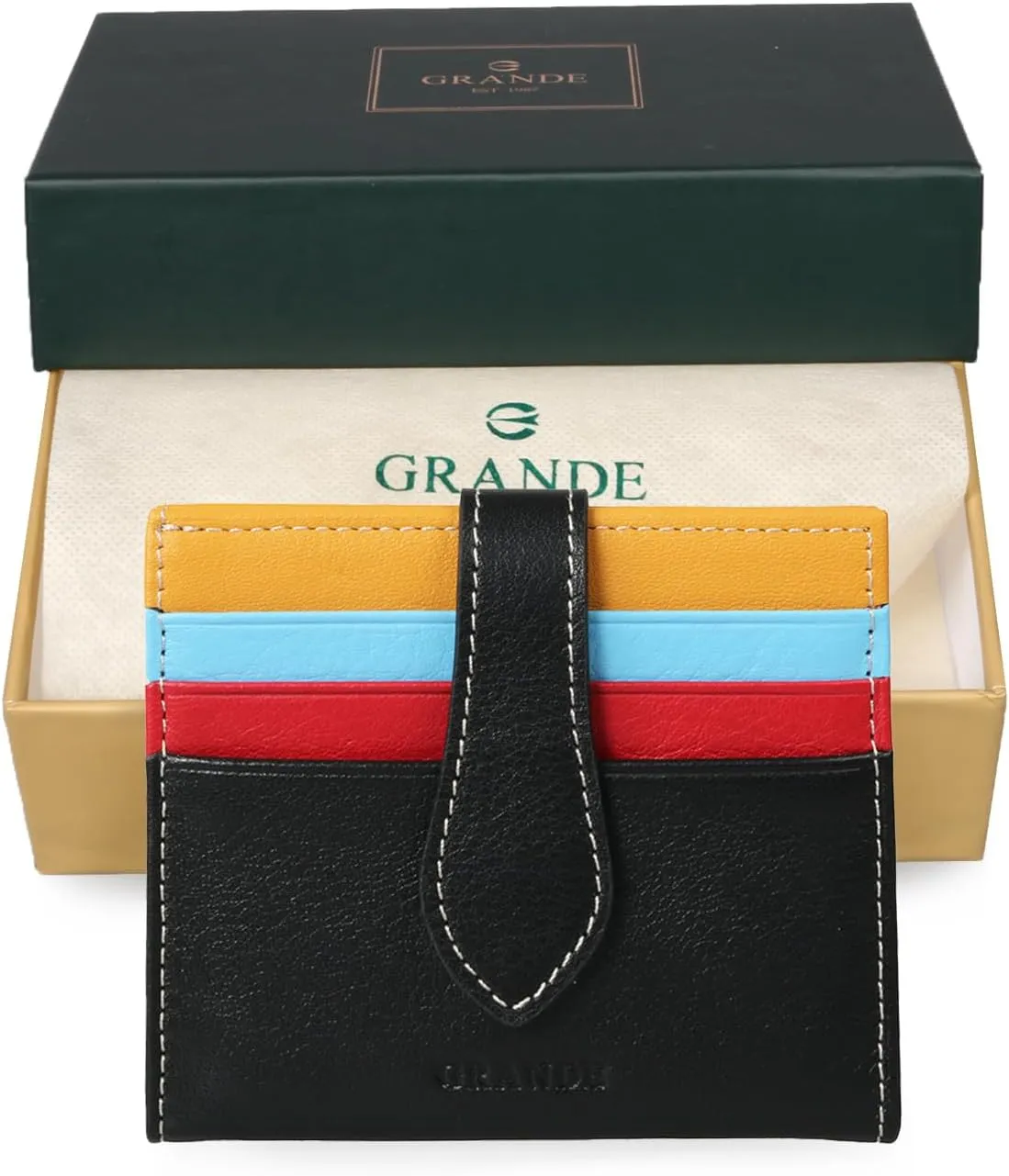 grande 3803 Genuine Leather Card Holder For Women and Men Slim Minimalist Card Case Small Snap Wallet (Black Multicolor)