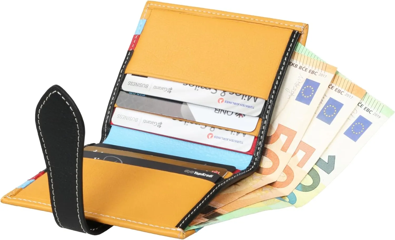grande 3803 Genuine Leather Card Holder For Women and Men Slim Minimalist Card Case Small Snap Wallet (Black Multicolor)