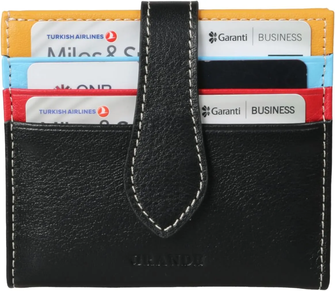 grande 3803 Genuine Leather Card Holder For Women and Men Slim Minimalist Card Case Small Snap Wallet (Black Multicolor)