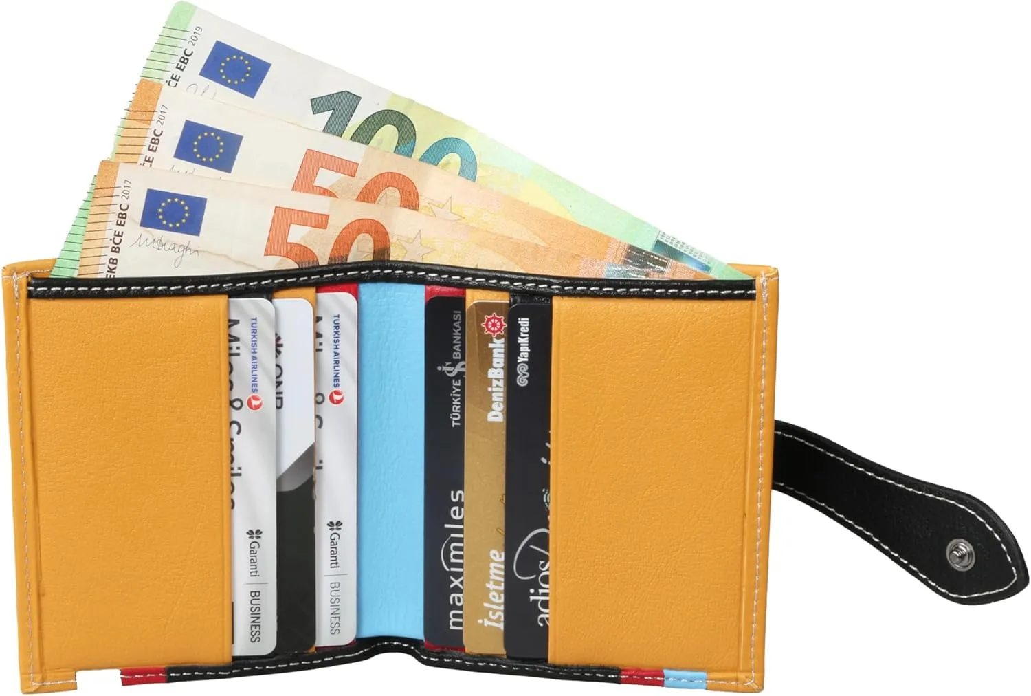 grande 3803 Genuine Leather Card Holder For Women and Men Slim Minimalist Card Case Small Snap Wallet (Black Multicolor)
