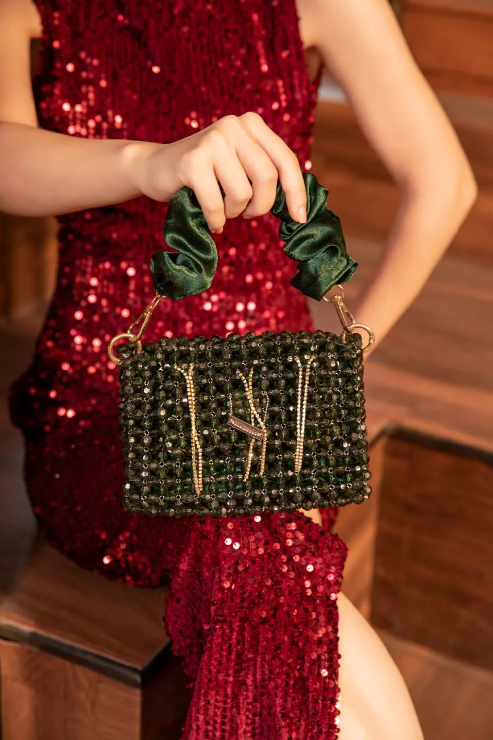 Green Luxury Crystal Bag - Hand-Beaded Tassel Party Clutch