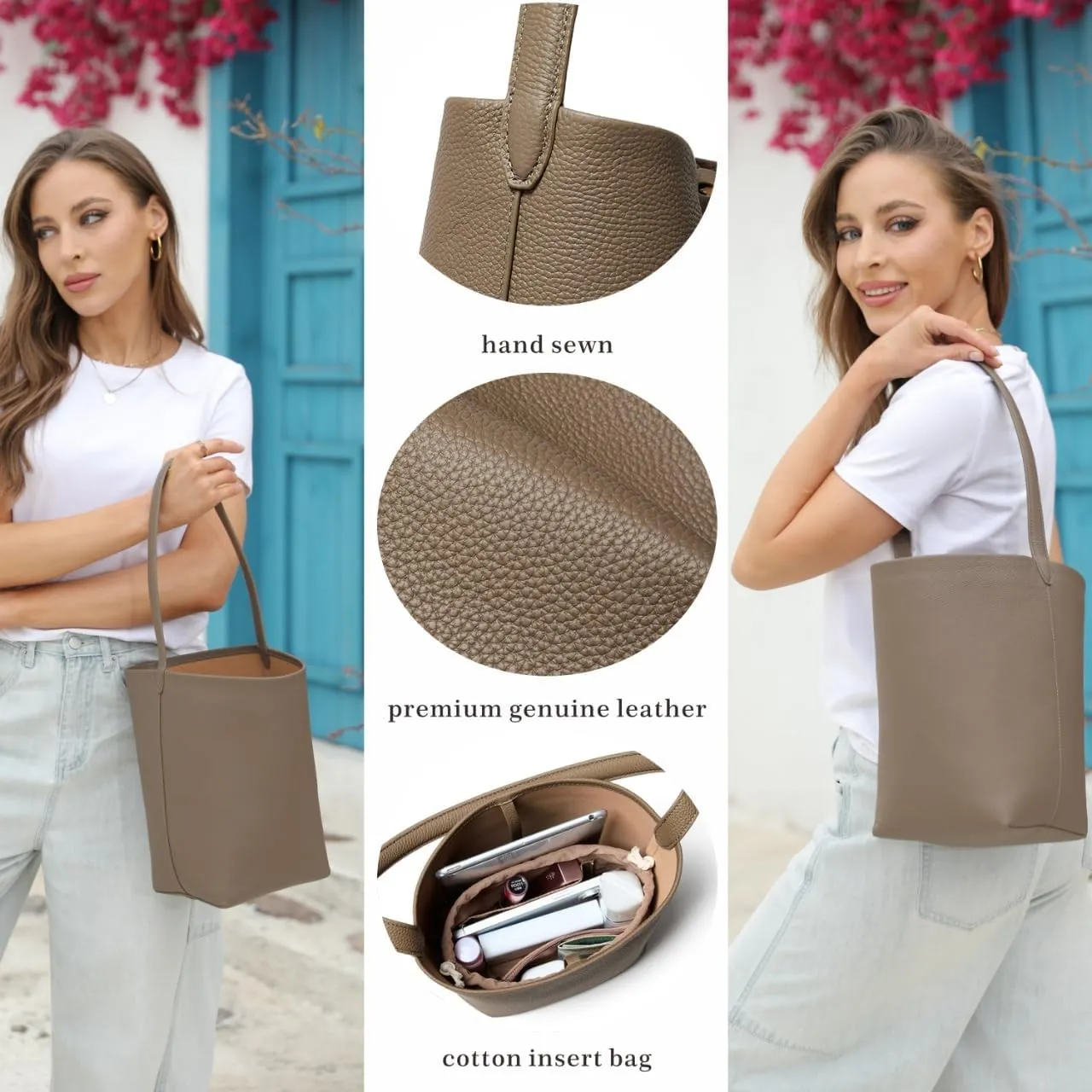 Handcrafted Leather Bucket Bag, First Layer Pebble-grained Carfskin