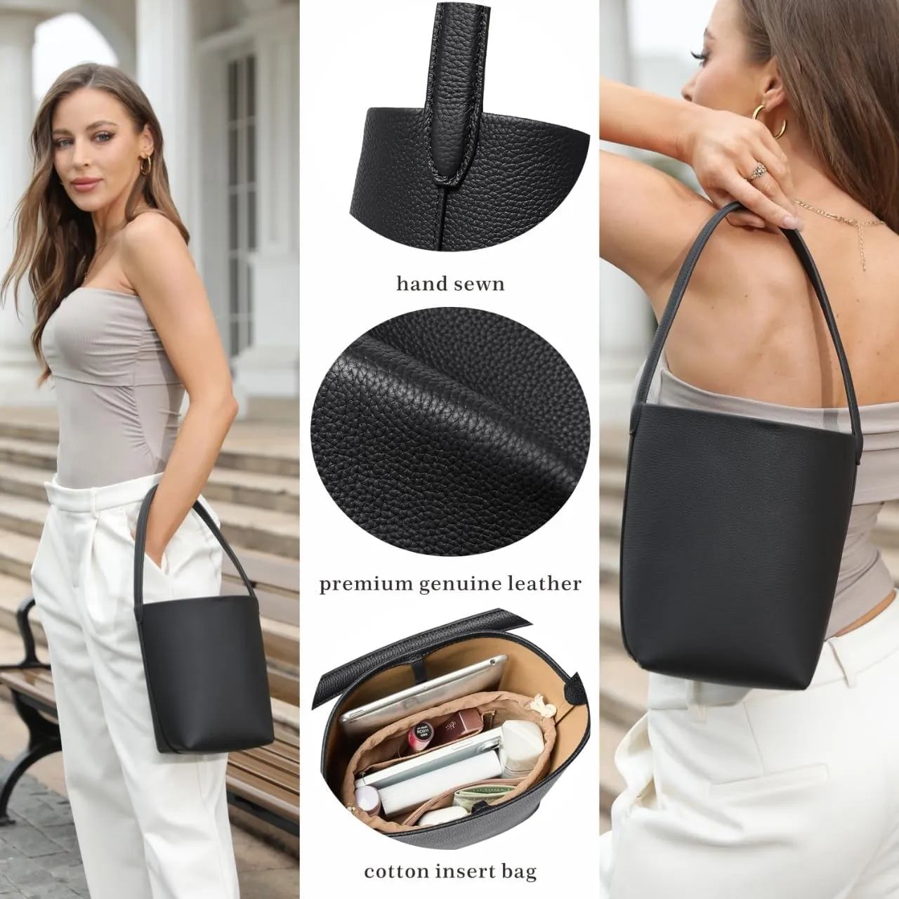 Handcrafted Leather Bucket Bag, First Layer Pebble-grained Carfskin