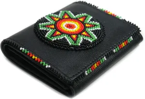 Handmade Beaded Leather Wallet for women, Native American Style Seed Beads Bifold Purse, Gift For her, Minimalist Wallet (Black & Green Morning Star)