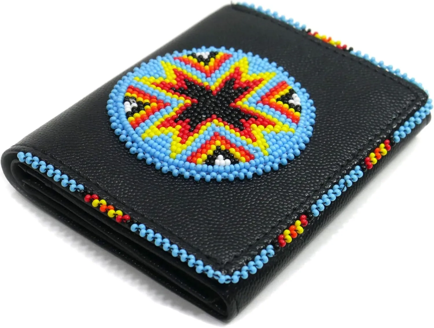 Handmade Beaded Leather Wallet for women, Native American Style Seed Beads Bifold Purse, Gift For her, Minimalist Wallet (Black (Sky-Blue Arrow))
