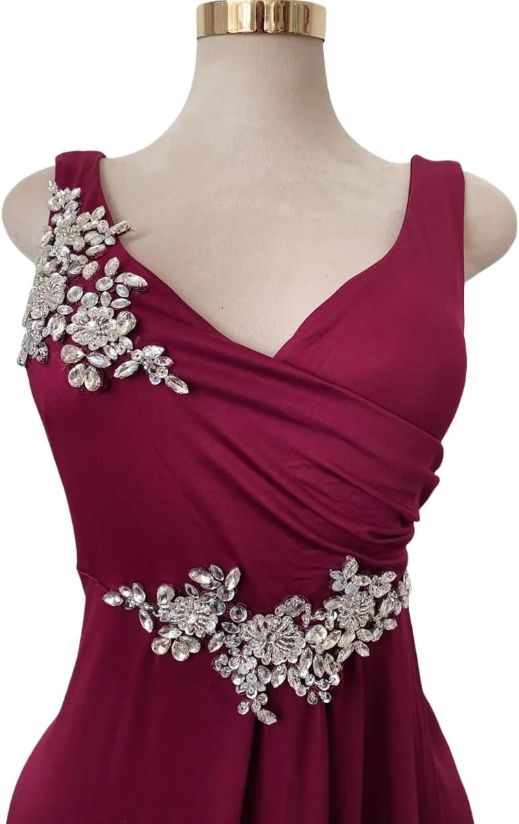 Handmade Rhinestone Sewing Beads Stones Women Sleeveless V Neck Evening Dress Cocktail Ball Elastic Force Long Dress