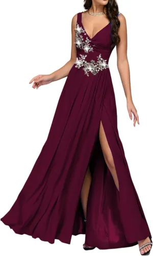 Handmade Rhinestone Sewing Beads Stones Women Sleeveless V Neck Evening Dress Cocktail Ball Elastic Force Long Dress