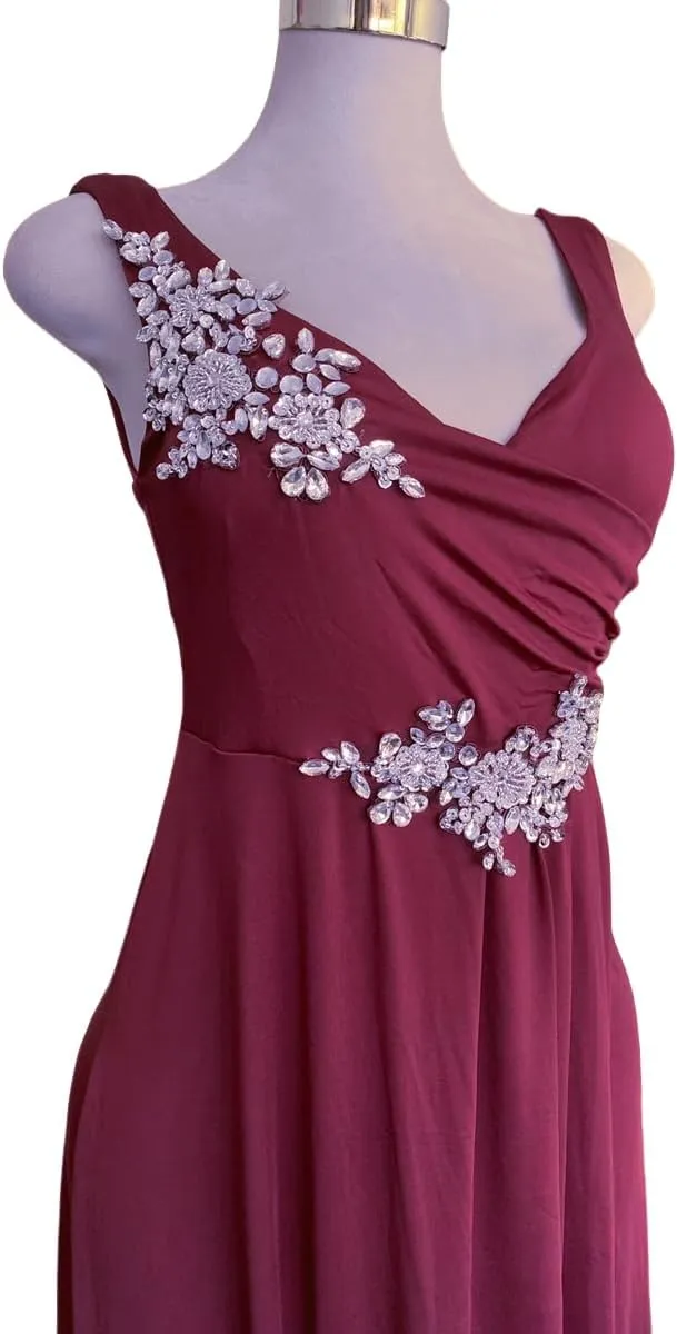 Handmade Rhinestone Sewing Beads Stones Women Sleeveless V Neck Evening Dress Cocktail Ball Elastic Force Long Dress