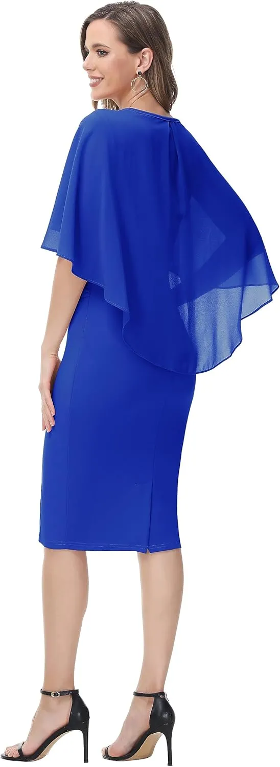Hanna Nikole Women's Plus Size Chiffon Ruffle Flattering Cape Sleeve Bodycon Pencil Dress